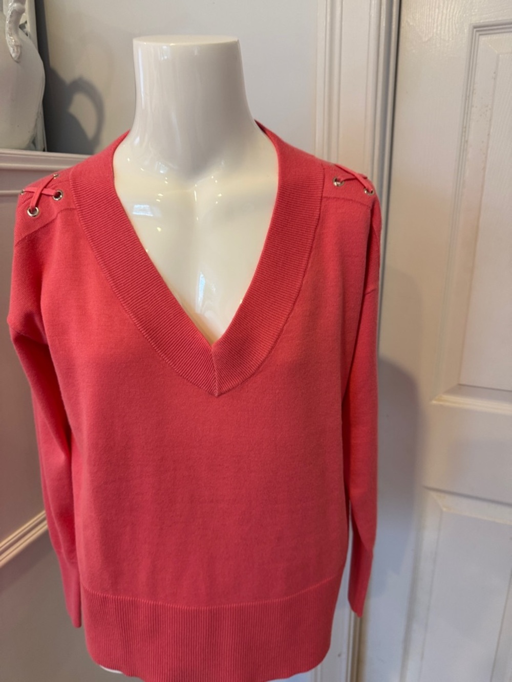 JM Collection Coral Pink V-Neck Sweater with Shoulder Grommet Detail